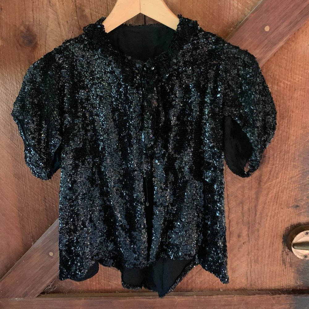 Vintage 1920s Black Sequin Shrug Pussy Bow